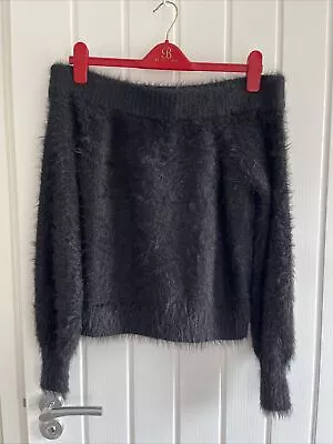 River Island Ladies Off The Shoulder Fluffy Black Jumper Size 10 • £6.95