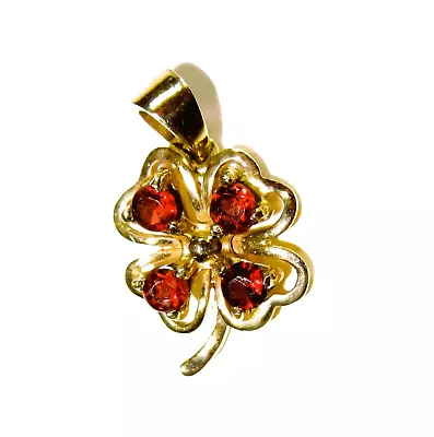 8ct YELLOW GOLD FOUR LEAF CLOVER Garnet PENDANT Necklace Charm LUCK Shamrock Vtg • $135