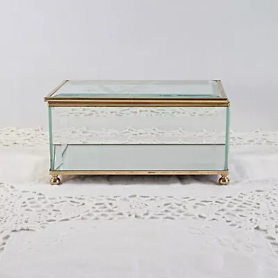 Vintage Beveled Glass And Brass Etched Bamboo Tree Jewelry Box • $35