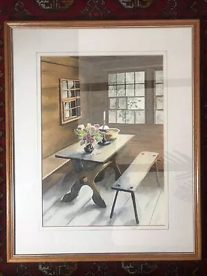 Vintage Watercolour Painting Bench By Window In Wood Cabin Signed Pat York Frame • £90