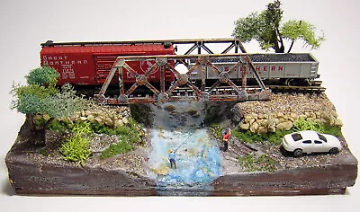 N Scale Built Diorama: Bridge Over Water Fishing Steam Mountain Scene For Layout • $29.95