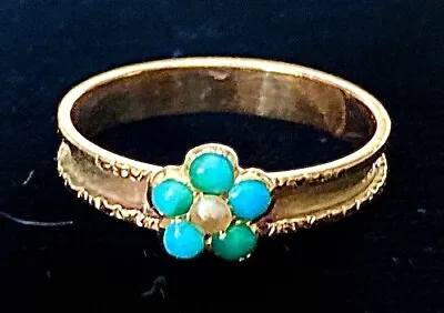 £325 • Buy Antique Georgian 9ct Gold Turquoise And Pearl  ‘Forget Me Not’ Flower Ring
