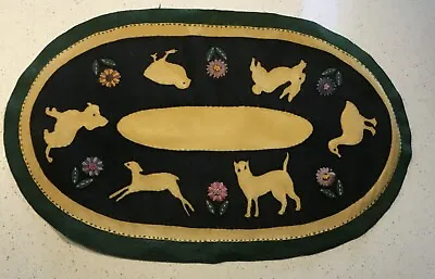 Antique Oval Penny Rug With Appliqued Animals 29 X18  ; Hand Made Original 1800s • $145