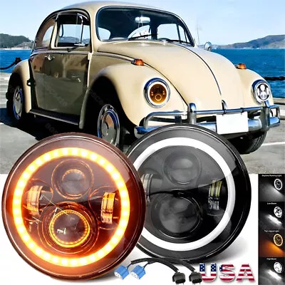 For 1950-1979 VW Beetle Pair 7  Inch Round LED Headlights Hi/Low Beam Halo DRL • $36.96