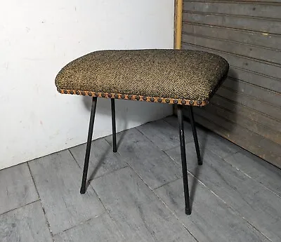 Vintage Mid Century Modern Retro Tweed Fabric Wrought Iron Black Legs Foot Stool • $270