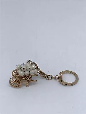 Vintage Wheel Barrel Key Chain Gold Tone White Cluster Beads • $12