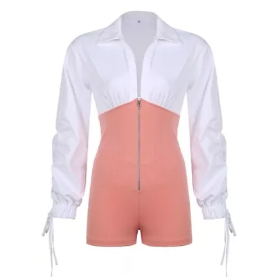 Womens Lapel V-Neck Puff Long Sleeve Zipper Up Patchwork Short Pant Jumpsuit • $31.88