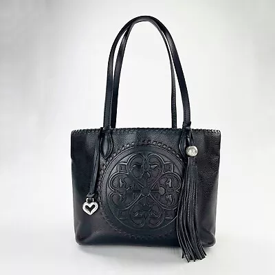 Brighton Gabriella Black Leather Medallion Embossed Tote Tassel Bag Purse • £226.58