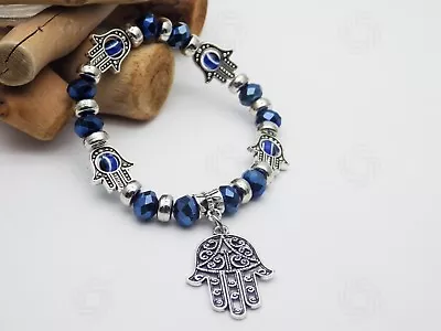 Silver Hamsa Bracelet Blue Glass Hand Of Fatima Bead Luck Reiki Evil Eye Gift UK • £4.99