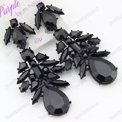 CLIP ON Jet BIG CHANDELIER EARRINGS Rhinestone BLACK Vintage Gothic LARGE CLIPS • £5.99