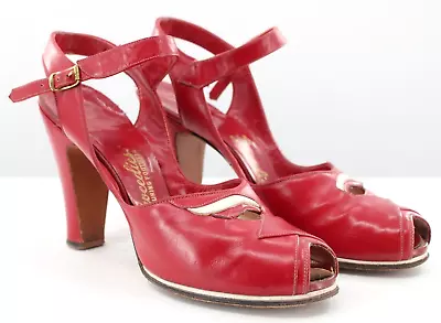 VTG Women's 40s Red Leather Peep Toe Heels / Pumps Sz 7.5 1940s 4  Heel Tweedies • $137.01