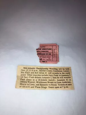 Original 1980's NWA Mid-Atlantic Wrestling Ticket Stub W/ Newspaper Clipping WWE • $29.99