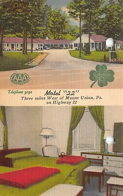 Mount Union PA - Motel-22 On Highway 22 Shamrock Linen Postcard • $2.51