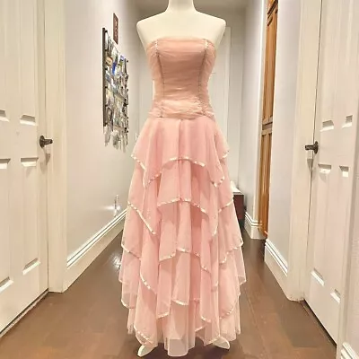  Vintage Pink Strapless Tulle Ribbon Fairy Elegant Prom Dress • $560