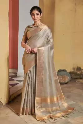 £26.99 • Buy Banarasi Lichi Silk Saree Formal Indian Wedding Party Wear Gold Designers Sari