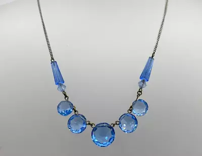 Vintage Jewellery Blue Facet Cut Glass Bead Dangle Chain Collar Necklace • £25