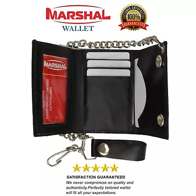 Black Genuine Leather Men's Trifold Wallet With Chain Biker Trucker • $12.99