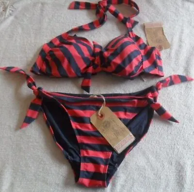 Fat Face Nautical Stripe Balconette Non-wired Padded Halterneck Bikini Size 16 • £29.99