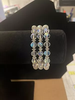 Vintage Aurora Borealis AB Crystal Three Strand Bracelet Silver Toned Clear • $15