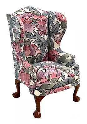 Vintage Dollhouse Miniature Floral Wing Back Chair Wooden Carved Legs 1:12 • $62.88