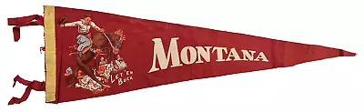 Vintage MONTANA LET 'ER BUCK Rodeo Bronco Cowboy Red Souvenir Flag Pennant - 26  • $35.94