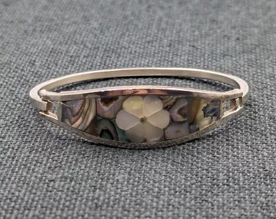 Vtg Sterling Silver Mexico MOP Flower Abalone Inlay Oval Hinge 925 Bracelet 6.5  • $36.99