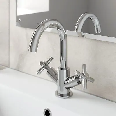 £35.97 • Buy Bathroom Mono Basin Sink Mixer Tap Modern Cross Head Handle Chrome Curved Spout