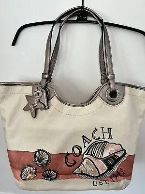 NWT Coach  Canvas Silver Leather Seashell Beach Tote Bag W/ Matching Small Bag • $249