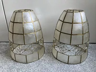 Pair Vintage Capiz Shell Ceiling Light Pendant Oval Shade Beige Gold Retro 23cm • £14.99
