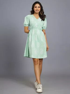 $43.99 • Buy Womens Puff Sleeve V Neck Paisley Printed Cotton Summer Dress Tunic Lightweight