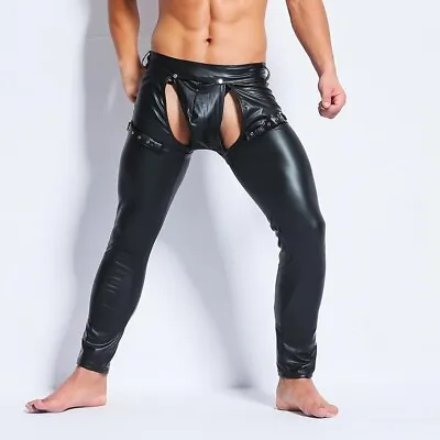 12) Sleek Shiny Leather Leggings Men's Wet Look Long Trousers With Pouch • £18.32