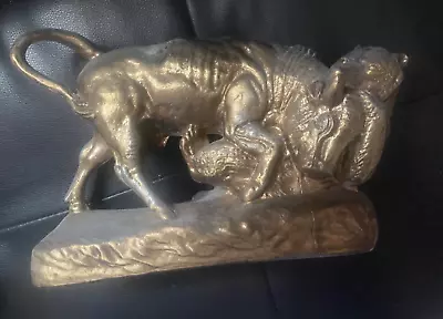 RARE Vintage Mid-Century Large Bronze SCULPTURE Bear Bull Fight - Wall Street • $175