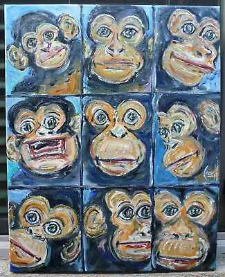 NINE CHIMPS Zoo Painting 16x20 Canvas Chimpamzee Original Art Signed Crowell NEW • $199