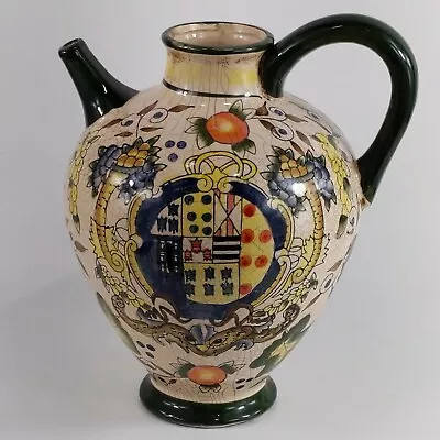 Handmade Hand Painted Porcelain Pitcher Vase 10.5  Fruit Dragon Crest Multicolor • $44.95