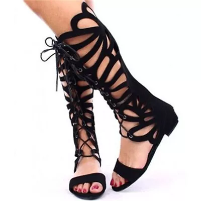 Women Gladiator Sandals Faux Suede Open Toe Knee High Lace Up Flat Shoes Size 15 • $61.99