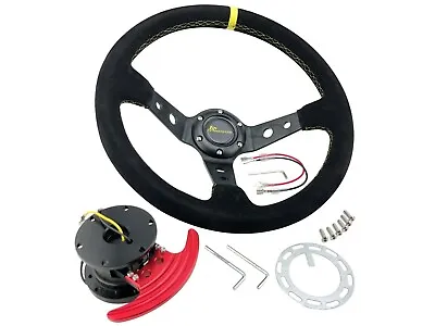 350mm Race Type Black W/ Yellow Stitch Steering Wheel & 90° Flip Up Hub System • $139.95