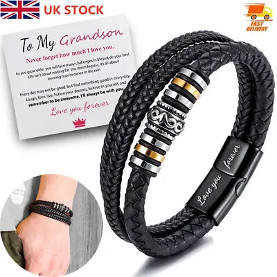 To My Grandson Love You Forever Leather Braided Bracelet Wristband + Gift Card • £7.99