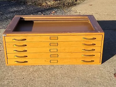 Vintage Oak Map Blueprint Metal Handles Flat File Cabinet 5 Drawers #4 • $1350