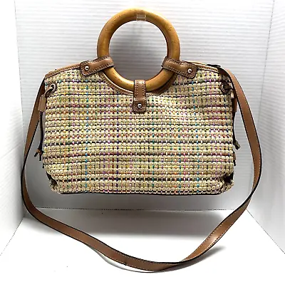 VTG Fossil 1954 Classic Multicolored Woven Rattan Wood Handles Strap Bag Purse • $24.99