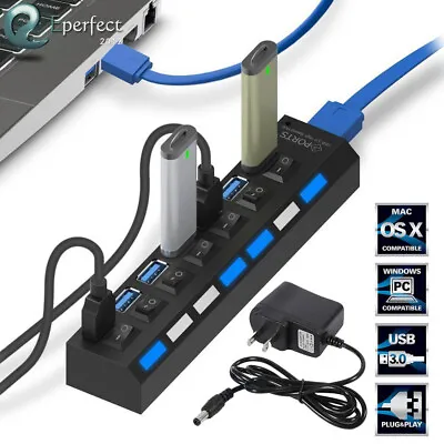 USB Hub 3.0 7-Port Individual On/Off Switches Splitter Adapter Portable Expander • $5.99