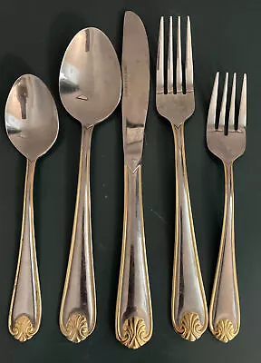 $22 • Buy Stainless Steel Flatware Silver With Gold Seashell And Rim 5 Piece Set