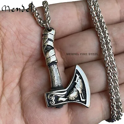 MENDEL Mens Norse Viking Wolf Raven Axe Pendant Necklace Jewelry Stainless Steel • $11.99