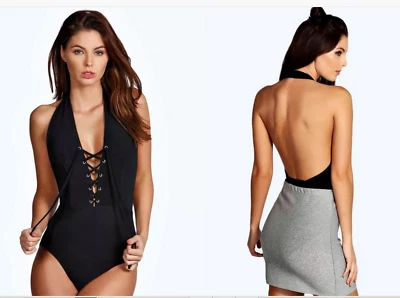 £9.99 • Buy Black Boohoo Lace Up Halter Neck Blouse Body Suit Top Size 8 New