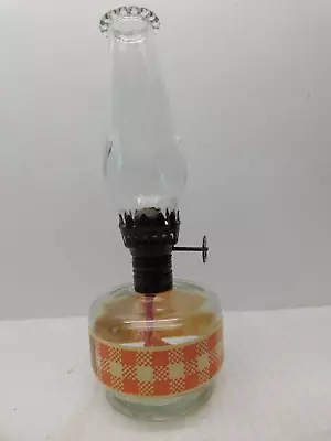 Vintg. Miniature Clear Glass Kerosene Lamp -paper Red Gingham Decor-hong Kong-8  • $16