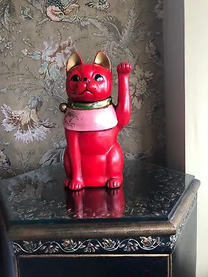 Japanese Setoyaki Pottery Maneki Neko Lucky Cat RED Label On Base 27cm Tall • £85