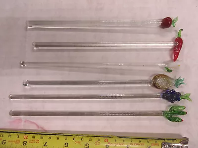 6 Vintage Blown Glass Swizzle Stir Sticks Cactus Pepper Apple Pineapple Flower • $10.19