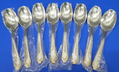 8 - Mikasa DELACROIX GOLD Glossy 18-8 Stainless Japan Flatware OVAL SOUP SPOONS • $48.95