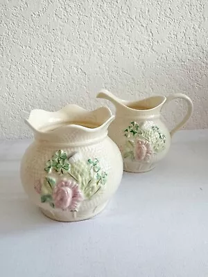 Vtg Belleek Creamer & Sugar Bowl Killarney Collection Rose 7th Mark 1980-92 • $42