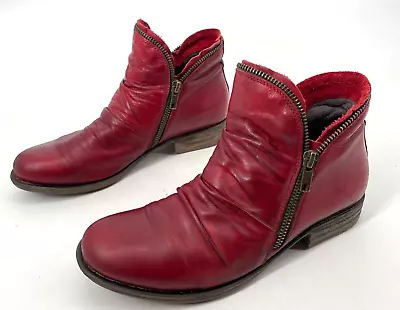 Miz Mooz Womens 7 Luna Ankle Boots Red Leather Casual Zip Pleated Solid • $35