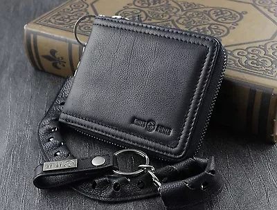 Biker Motorcycle Men Genuine Leather Zipper Money Card Wallet With Chain Black • $30.98